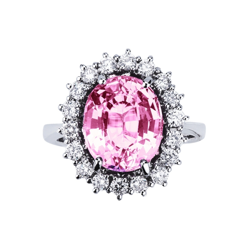 Halo ring white gold 18k with pink sapphire and diamonds
