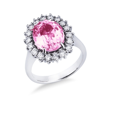 Halo ring white gold 18k with pink sapphire and diamonds