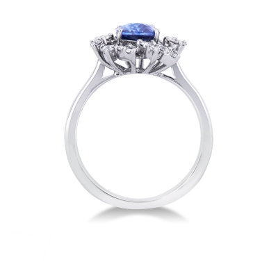 White gold 18k diamond halo ring with a central blue sapphire