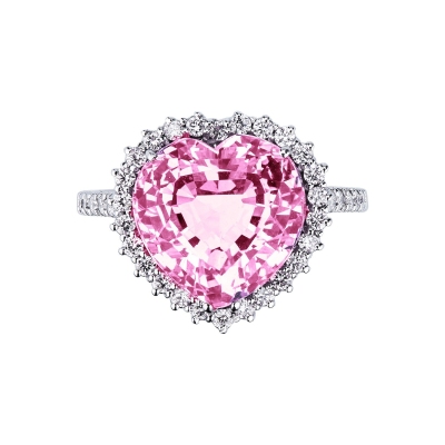 White gold 18k ring with pink sapphire heart cut and halo diamonds