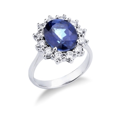 White gold 18k halo ring with blue sapphire and diamonds 