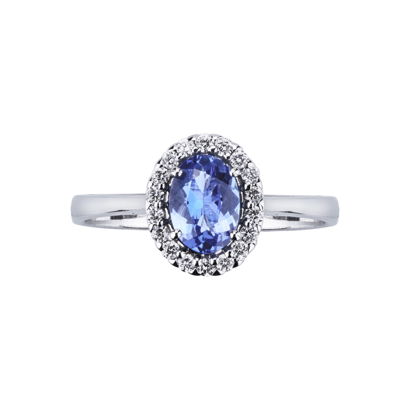 White gold 18k halo ring with diamonds and tanzanite oval cut 