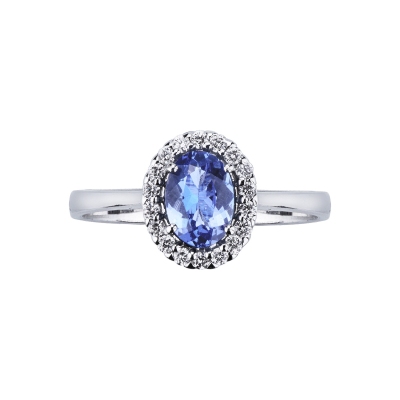 White gold 18k halo ring with diamonds and tanzanite oval cut 