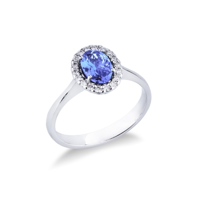 White gold 18k halo ring with diamonds and tanzanite oval cut 