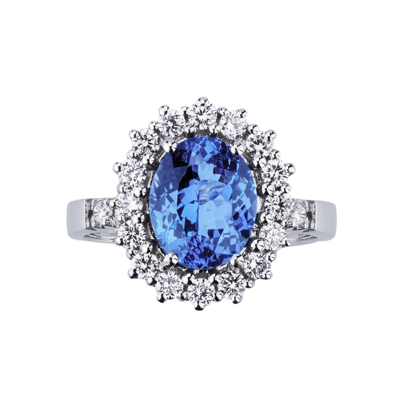 White gold 18k halo ring with tanzanite oval cut and diamonds  