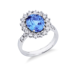 White gold 18k halo ring with tanzanite oval cut and diamonds  
