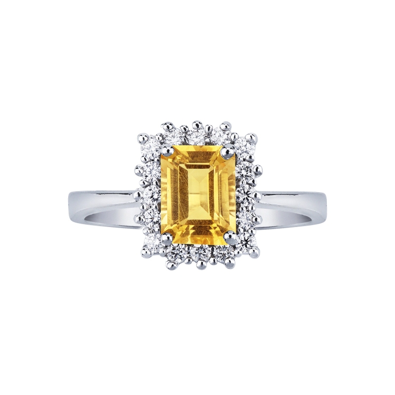 18k white gold ring with 16 diamonds and citrine