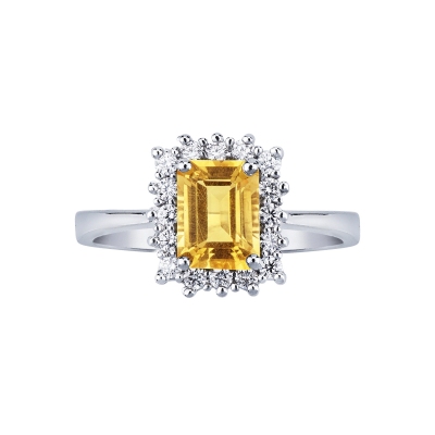 18k white gold ring with 16 diamonds and citrine