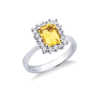 18k white gold ring with 16 diamonds and citrine