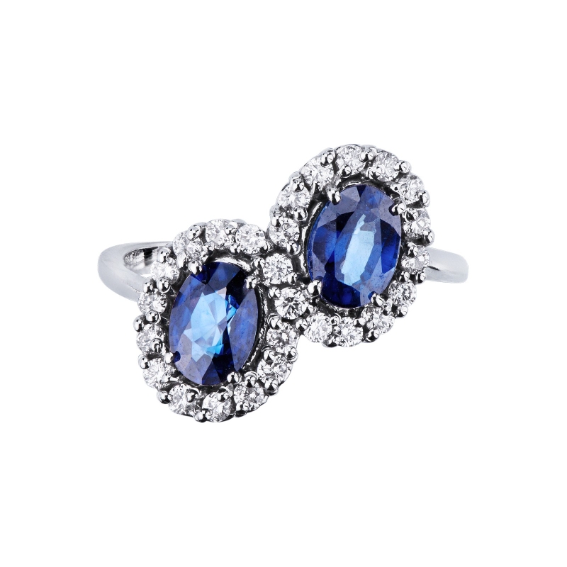 White gold 18k ring with two halo blue sapphires oval cut and diamonds 