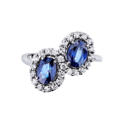 White gold 18k ring with two halo blue sapphires oval cut and diamonds 