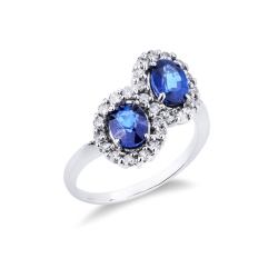 White gold 18k ring with two halo blue sapphires oval cut and diamonds 