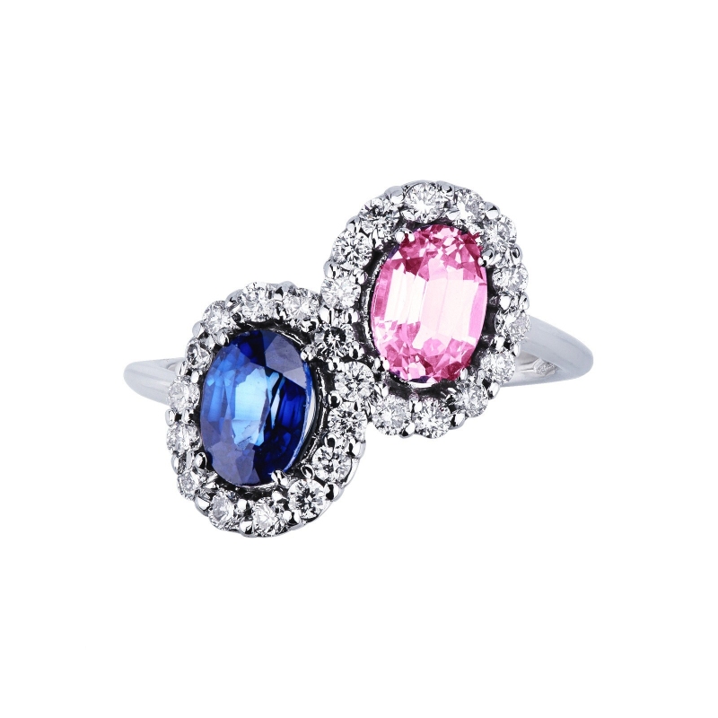 18 k white gold ring with two halo pink and blue sapphire and diamonds