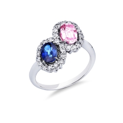 18 k white gold ring with two halo pink and blue sapphire and diamonds