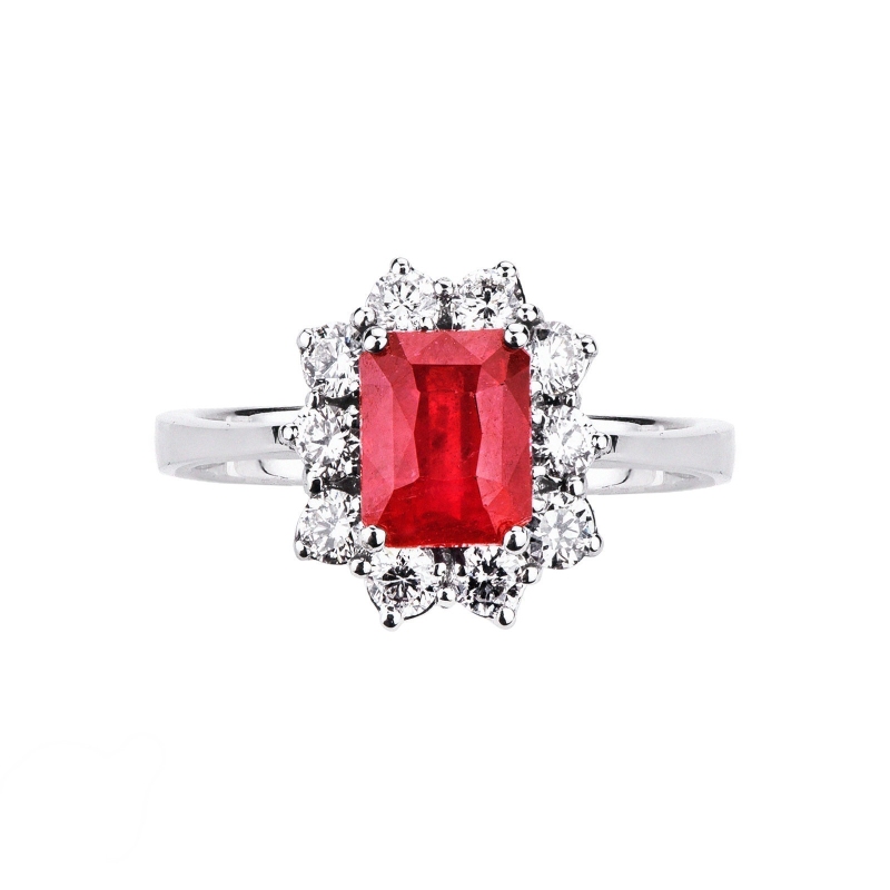 Halo ring white gold 18k with diamonds and a ruby