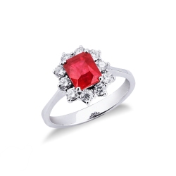 Halo ring white gold 18k with diamonds and a ruby