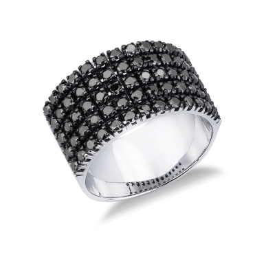 18k white gold ring with black diamonds and burnished tips 