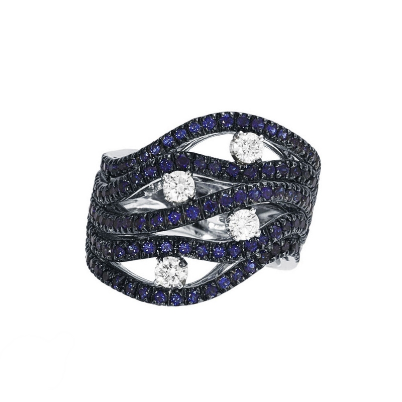 18k white gold ring with diamonds and blue sapphires on burnished tips 