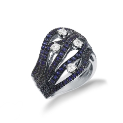 18k white gold ring with diamonds and blue sapphires on burnished tips 
