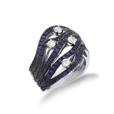 18k white gold ring with diamonds and blue sapphires on burnished tips 