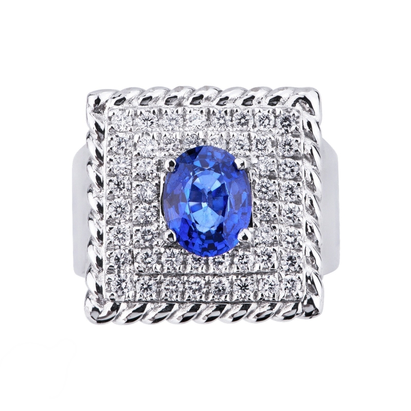 White gold 18k squared ring with blue sapphire and diamonds 