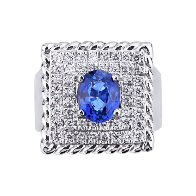 White gold 18k squared ring with blue sapphire and diamonds 