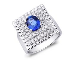 White gold 18k squared ring with blue sapphire and diamonds 