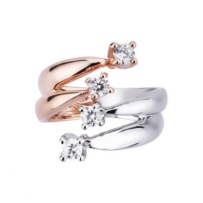 White and rosé gold 18k curved shank ring with four diamonds 