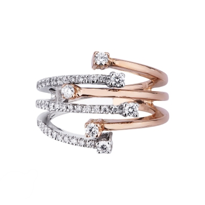 Band ring with six rows of diamonds in white and rosé gold 18k