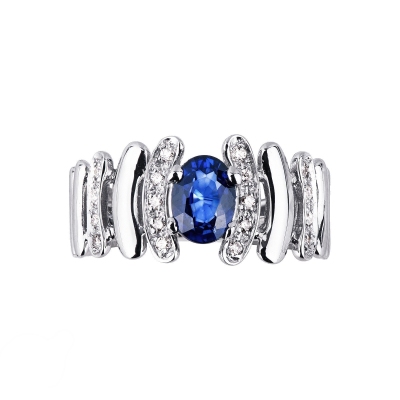 Irregular band ring in white gold 18k with blue sapphire and diamonds 