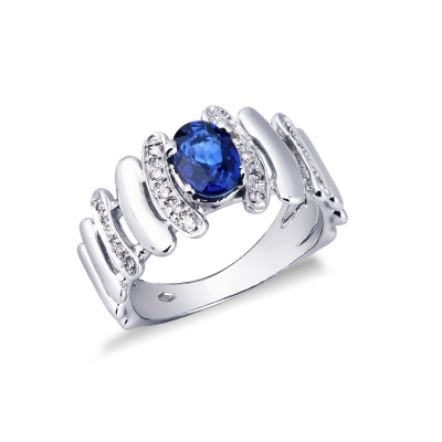 Irregular band ring in white gold 18k with blue sapphire and diamonds 