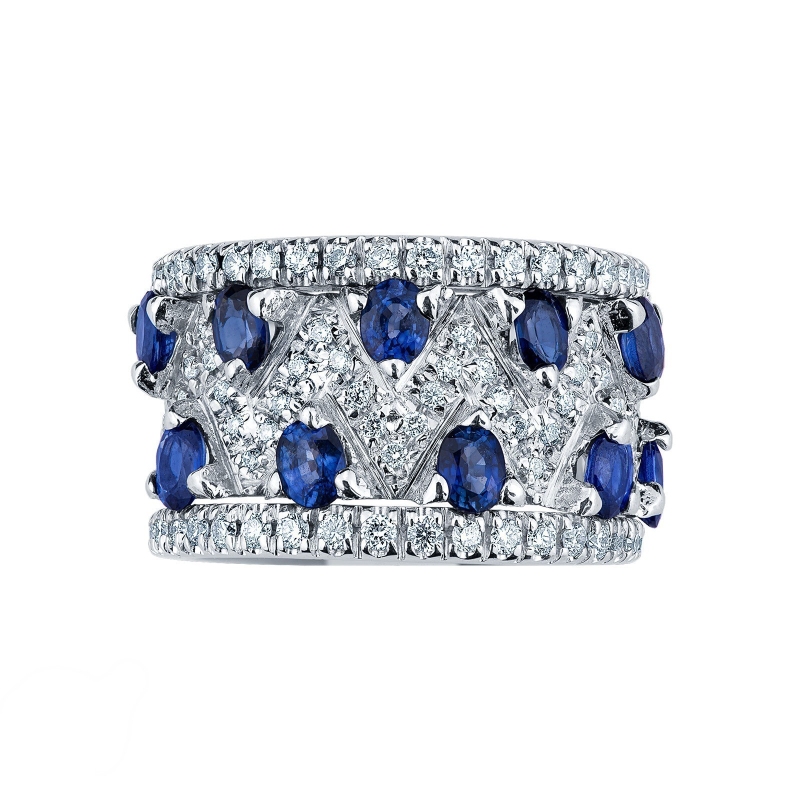 Band ring in white gold 18k with blue sapphire and diamonds 