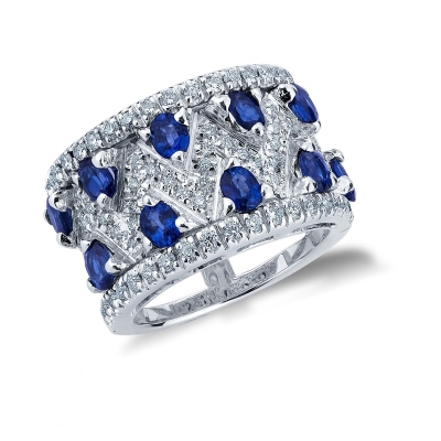 Band ring in white gold 18k with blue sapphire and diamonds 