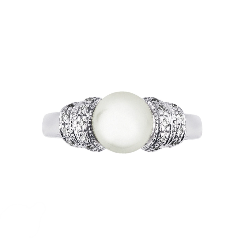 White gold 18k ring with diamonds and pearl of about 7 mm