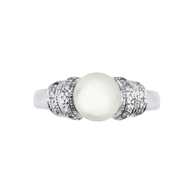 White gold 18k ring with diamonds and pearl of about 7 mm