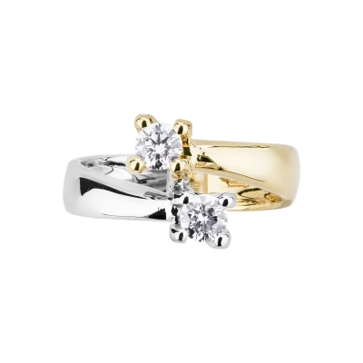 White and yellow gold 18k curved shank ring with diamonds 