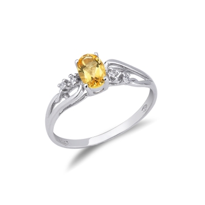 18k white gold ring with central citrine and 4 round cut diamonds