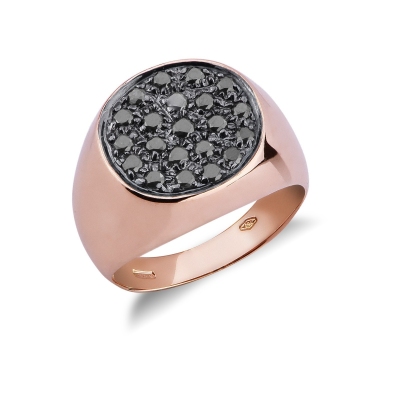 Rosé gold 18k pinky ring with round black diamonds pavé and burnished tips 