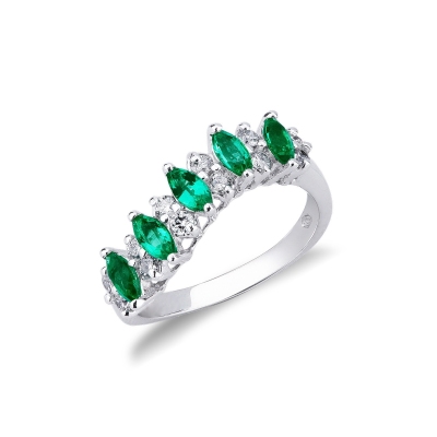 Band ring with emeralds and diamonds in white gold 18k 