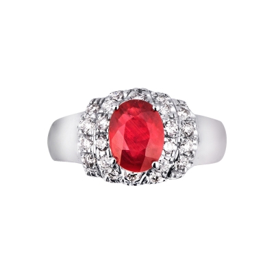 18k white gold ring with 4 claw ruby and diamonds 