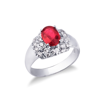 18k white gold ring with 4 claw ruby and diamonds 