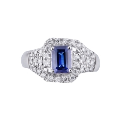 Diamonds and central blue sapphire ring in white gold 18k 2