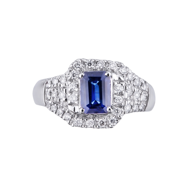 Diamonds and central blue sapphire ring in white gold 18k