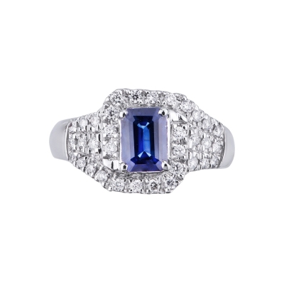Diamonds and central blue sapphire ring in white gold 18k