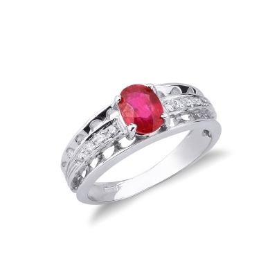 18k white gold ring with a central ruby and diamonds 