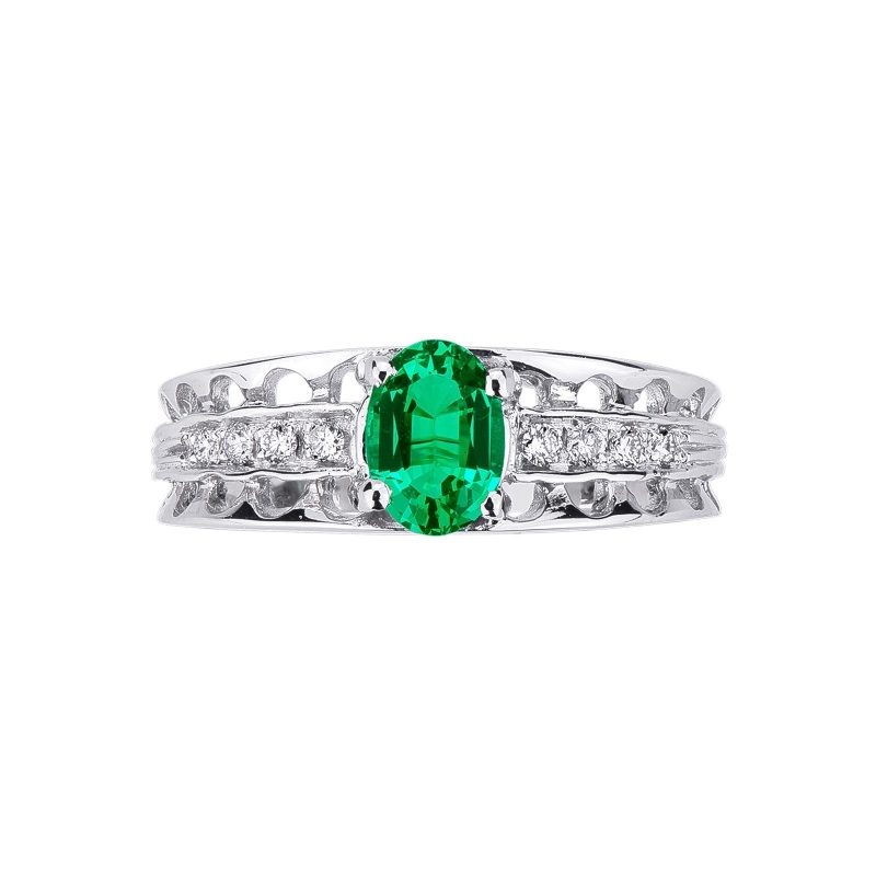 Ring with central emerald and diamonds in white gold 18k