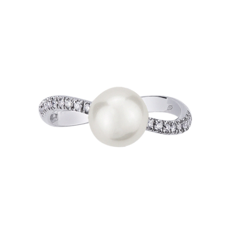 White gold 18k curved ring with a natural pearl and diamonds 