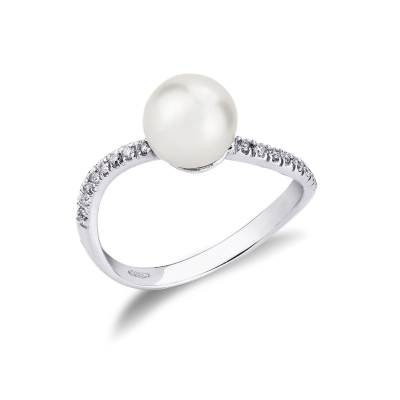 White gold 18k curved ring with a natural pearl and diamonds 