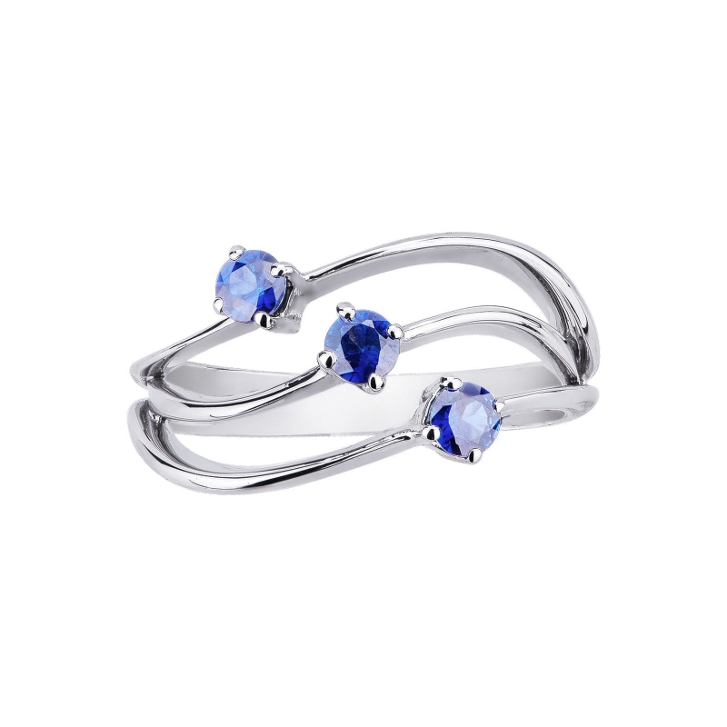 White gold 18k trilogy ring with blue sapphires