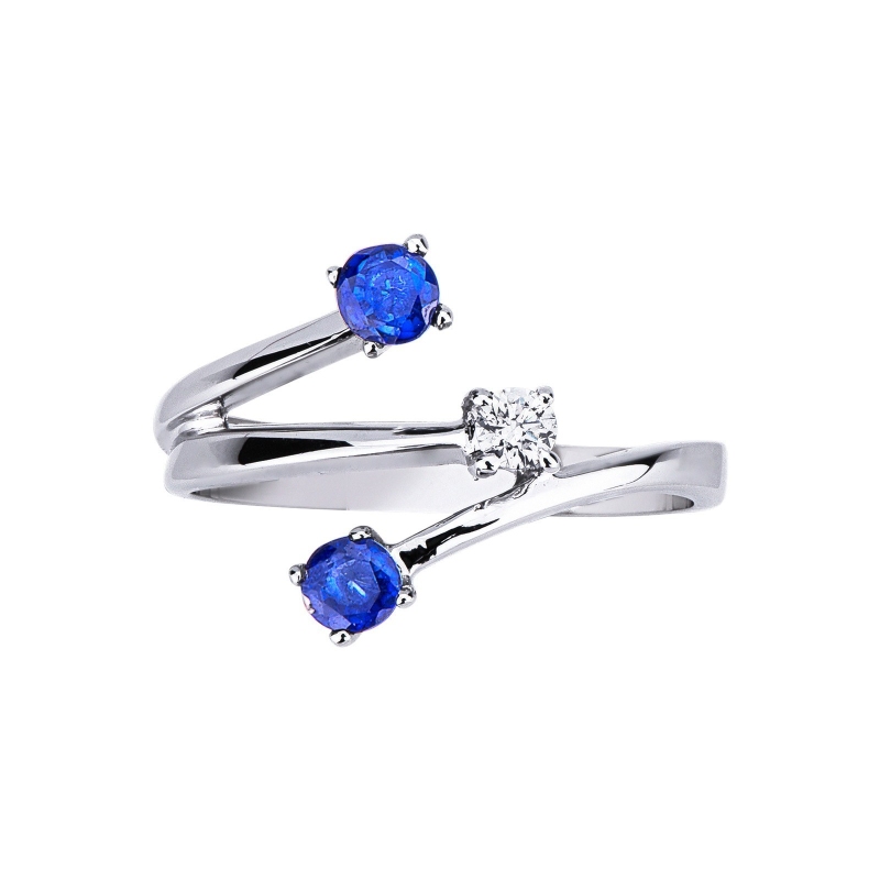 White gold 18k trilogy ring with blue sapphires and diamonds 